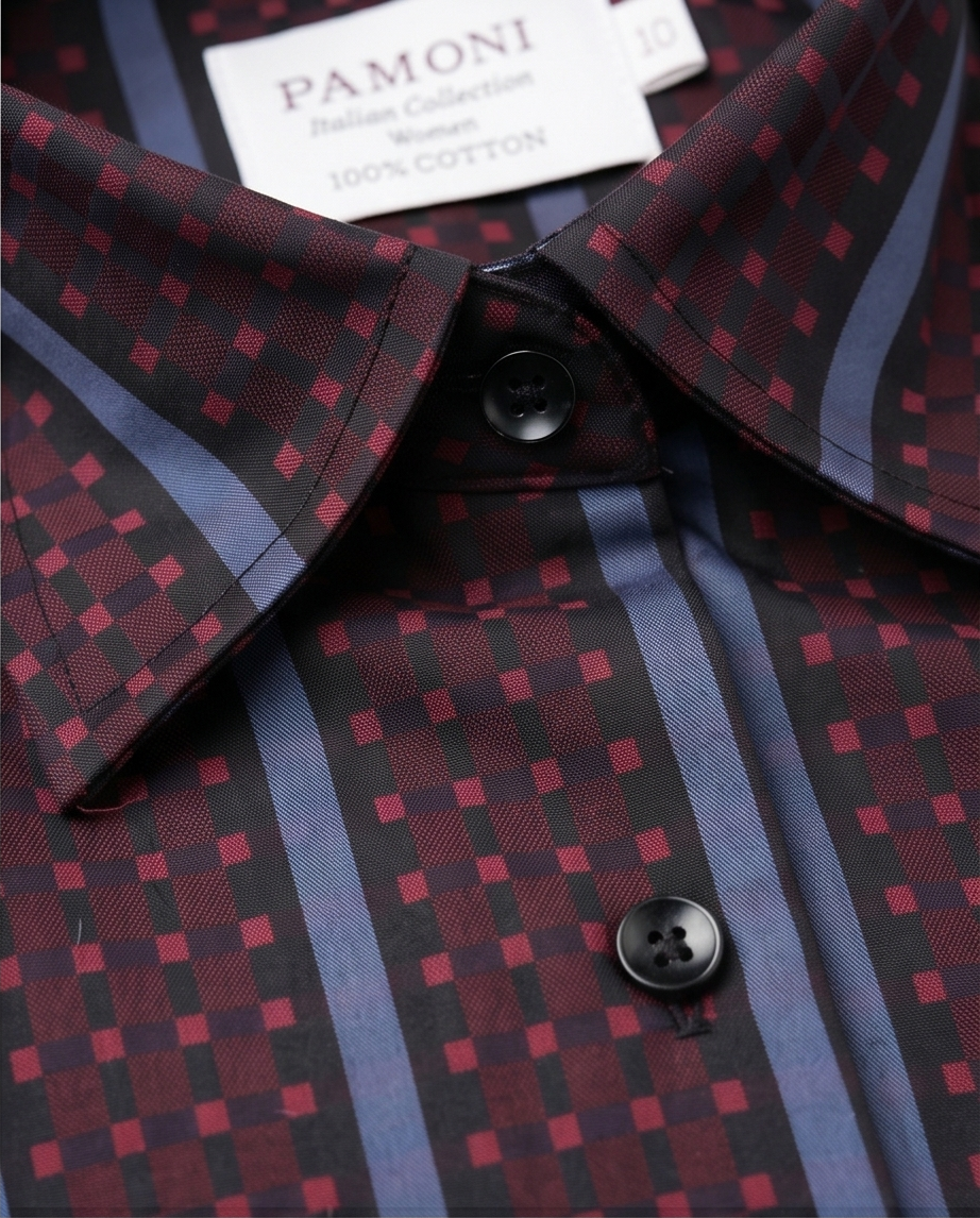 Burgundy & Blue Stripe Fitted Cotton Shirt