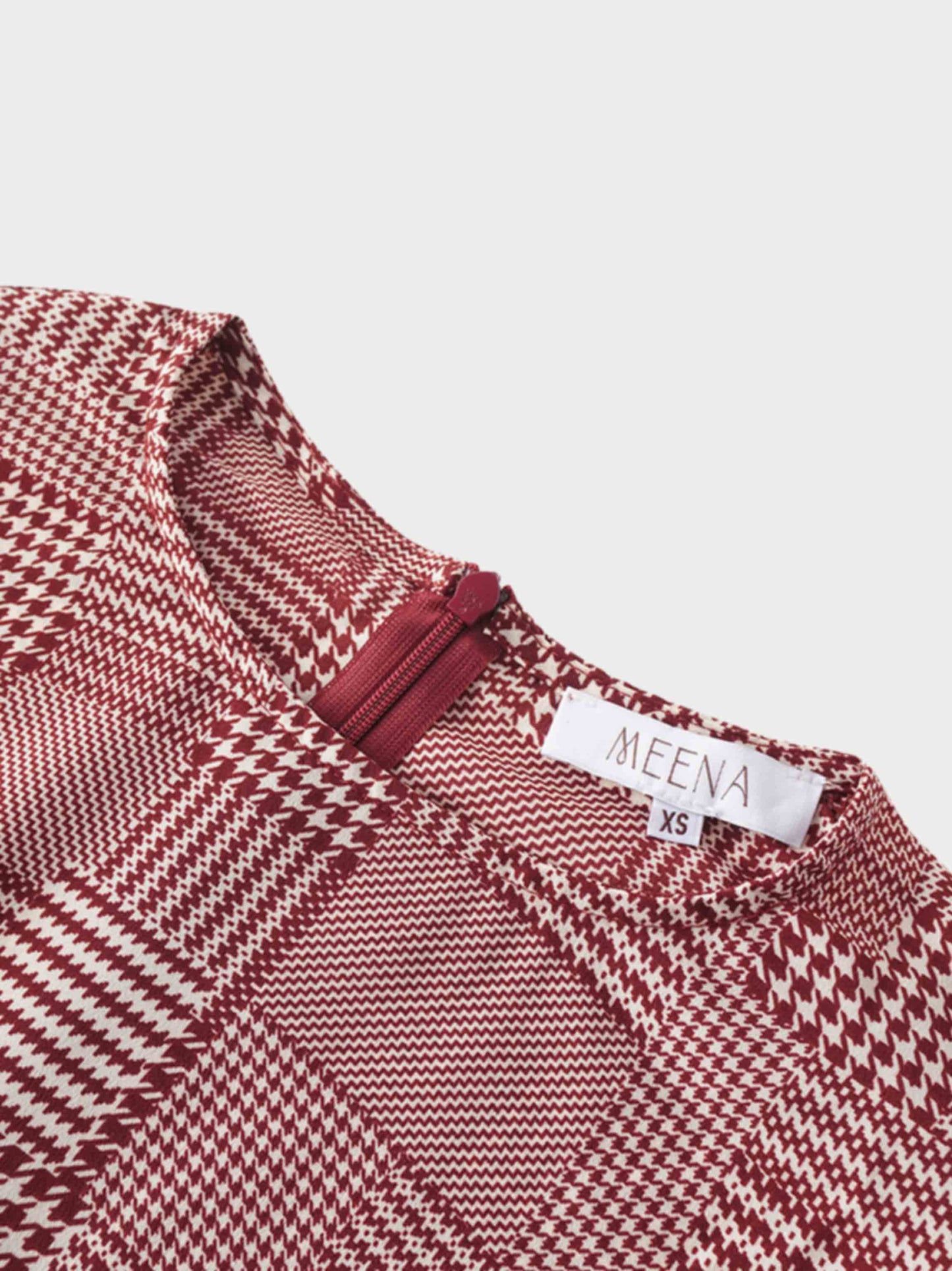 Houndstooth Blouson Sleeve Blouse-Burgundy