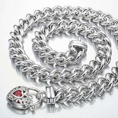 925 Sterling Silver Plated 12mm Euro Chain Necklace with a Filigree Locket Featuring a Simulated Ruby - USA Made