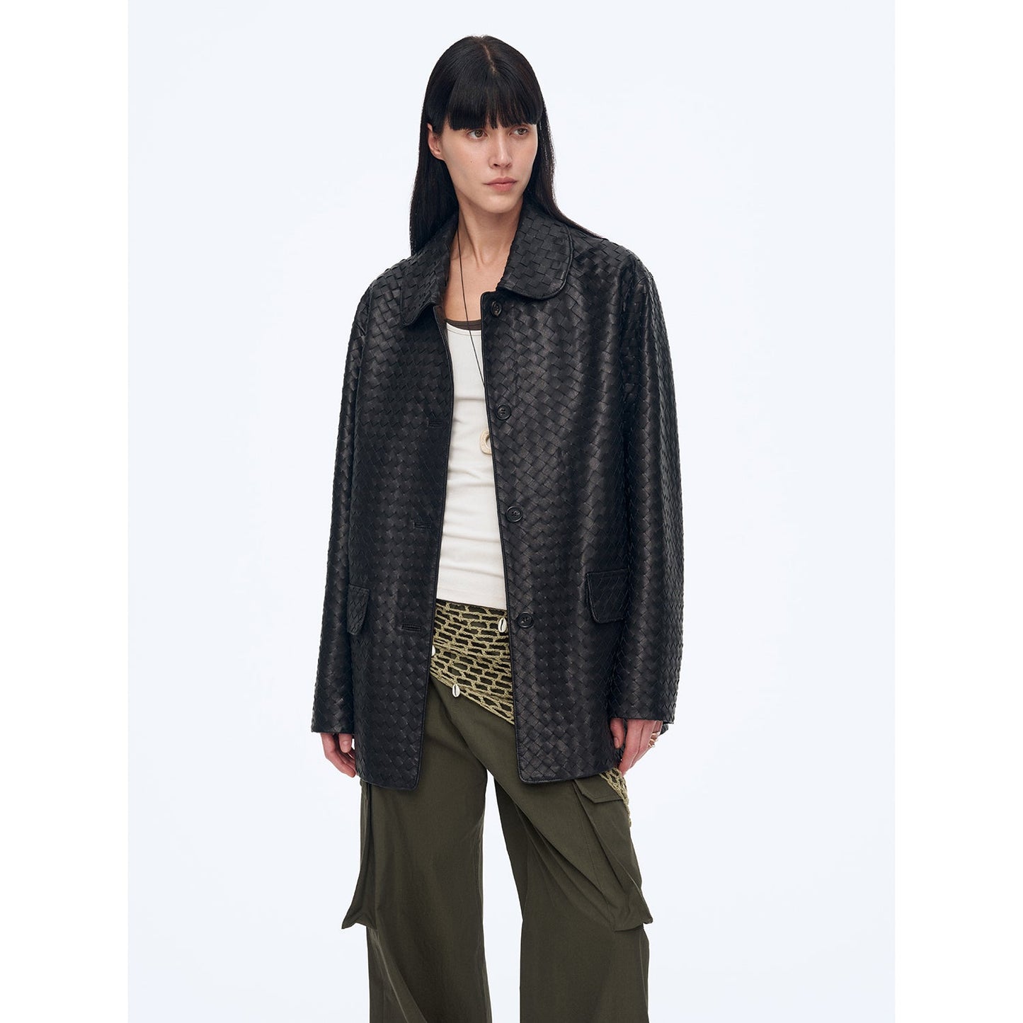 "Rembrandt Night" New Zealand imported lambskin perforated woven leather jacket spring