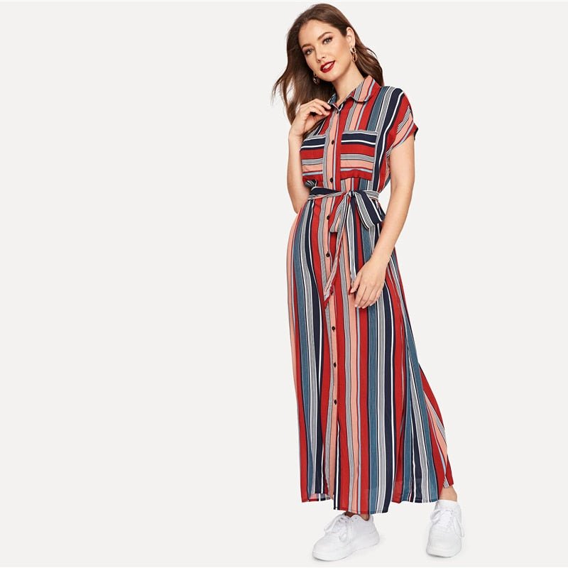 Colorful Striped Belted Hijab Shirt Dress Women Chic Spring Summer Button Short Sleeve Pocket Autumn Dresses