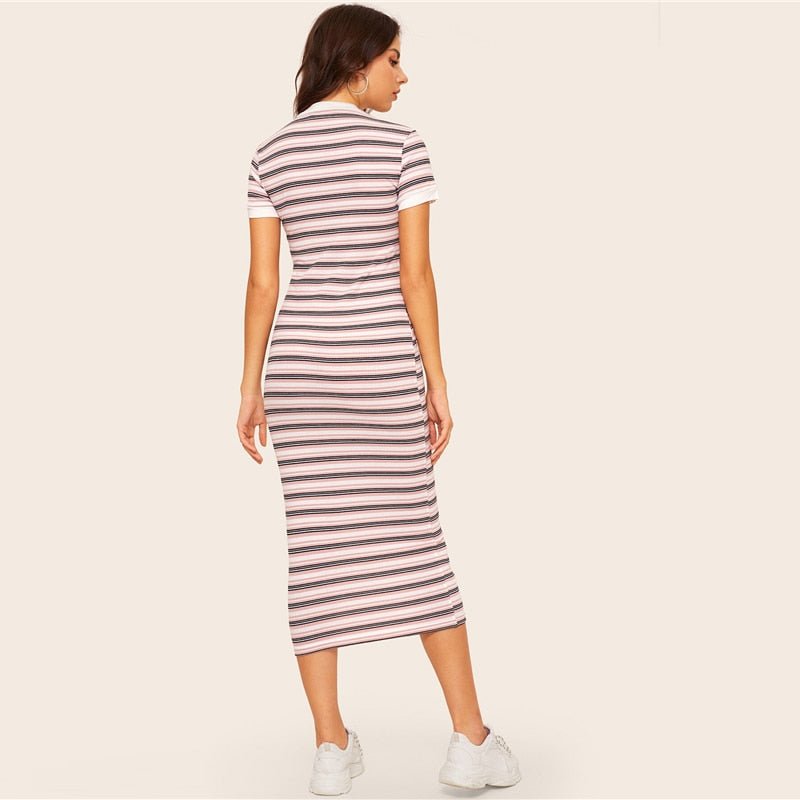 Contrast Neck And Cuff Striped Pencil Dress Preppy Colorblock Stretchy Spring Autumn Bodycon Women Dresses