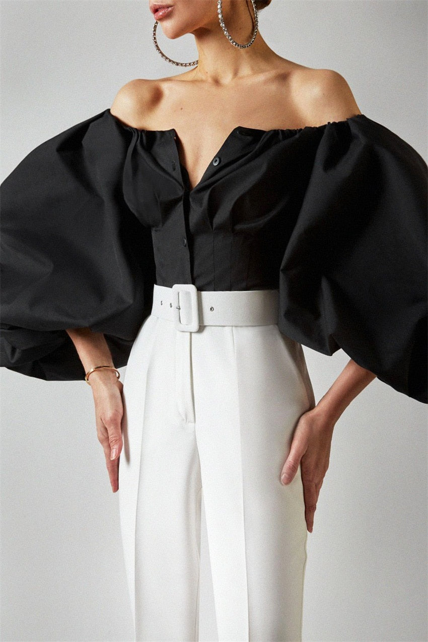 Women Sexy Party Off Shoulder Top Ladies White Black Shirt Cotton Bodycon Blouse Lantern Sleeve Elegant Khaki Blouse