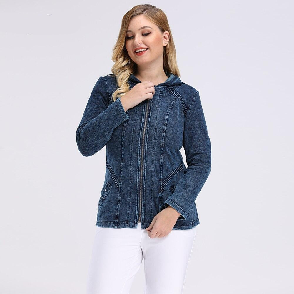 Women's Jacket Plus Size Casual Denim Jacket High Flexibility Slim Fit Hoodie Blouses Shoulder Pads Chaquetas