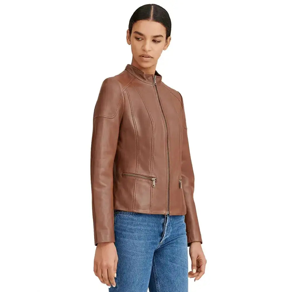 Women’s Brown Leather Biker Jacket – Mandarin Collar Style
