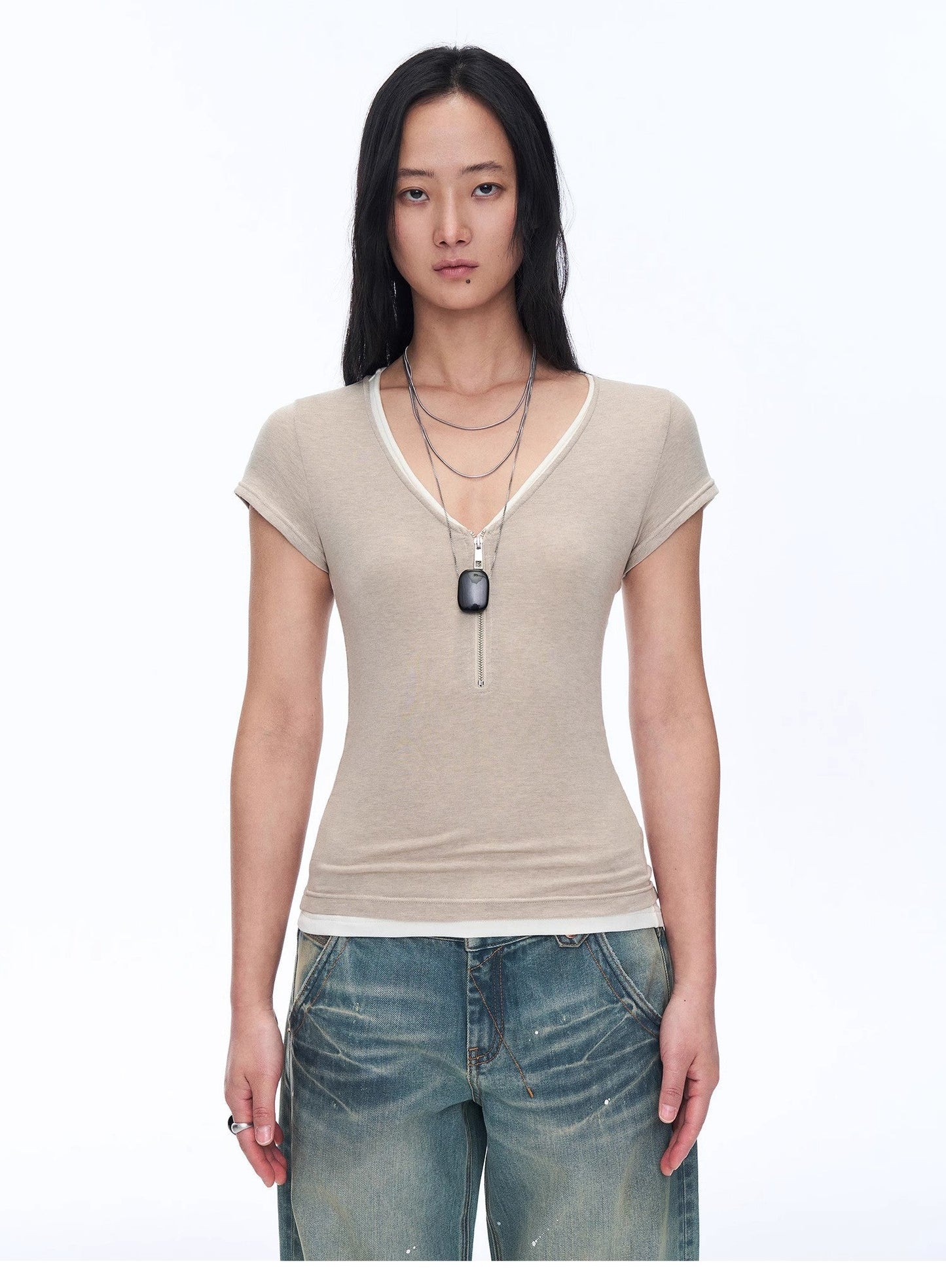 Women's Loose Australian Wool Tencel Deep V-neck Zipper Short Sleeve Tops T-shirt"Tunic Blouses Simple Color Silent Film"