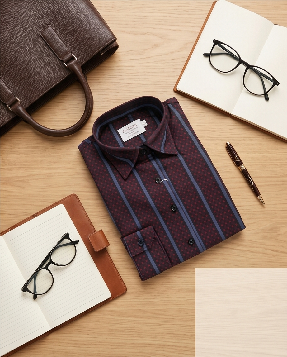 Burgundy & Blue Stripe Fitted Cotton Shirt