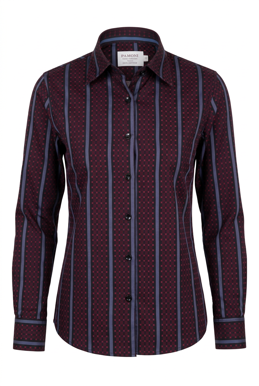 Burgundy & Blue Stripe Fitted Cotton Shirt