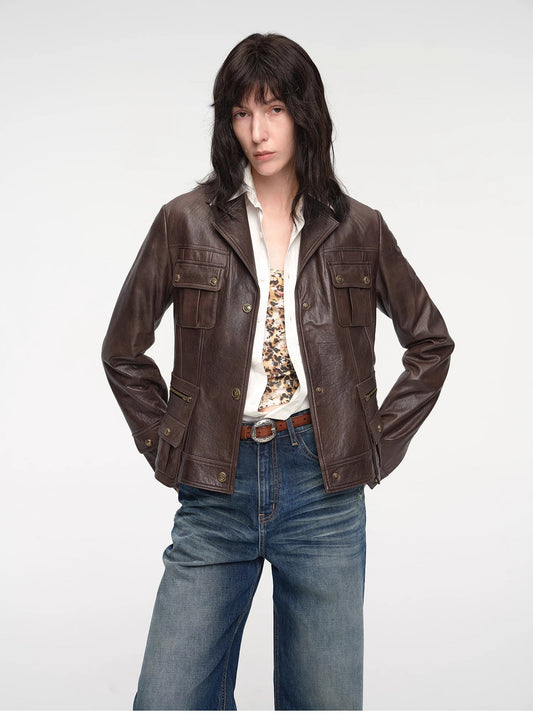 "Phantom of the Floating Palace" imported oil wax sheepskin waist leather jacket from New Zealand