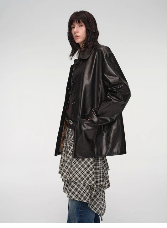 "Fashionable Kuoxi" goatskin simple and versatile retro suit-style leather windbreaker jacket
