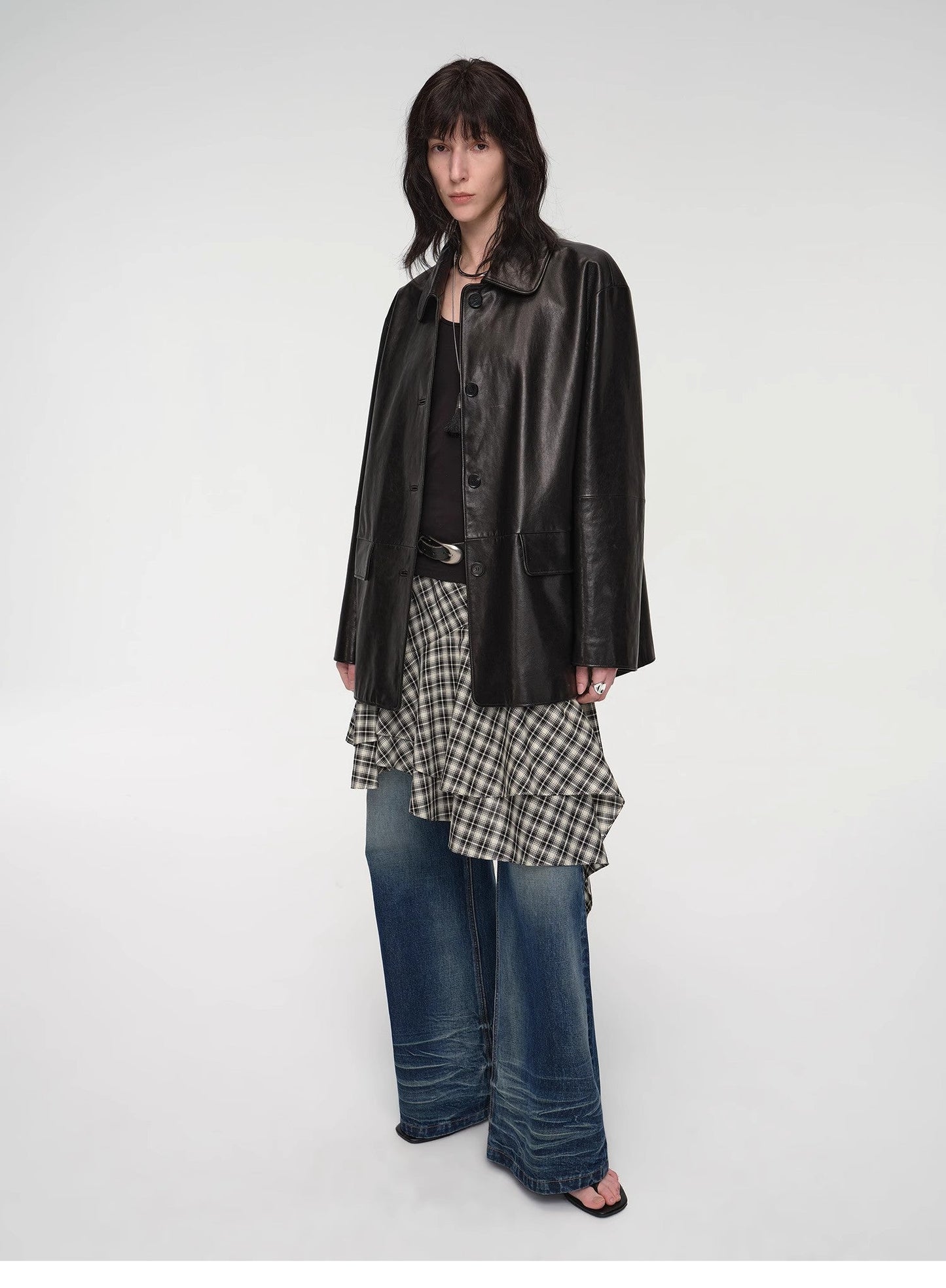 "Fashionable Kuoxi" goatskin simple and versatile retro suit-style leather windbreaker jacket