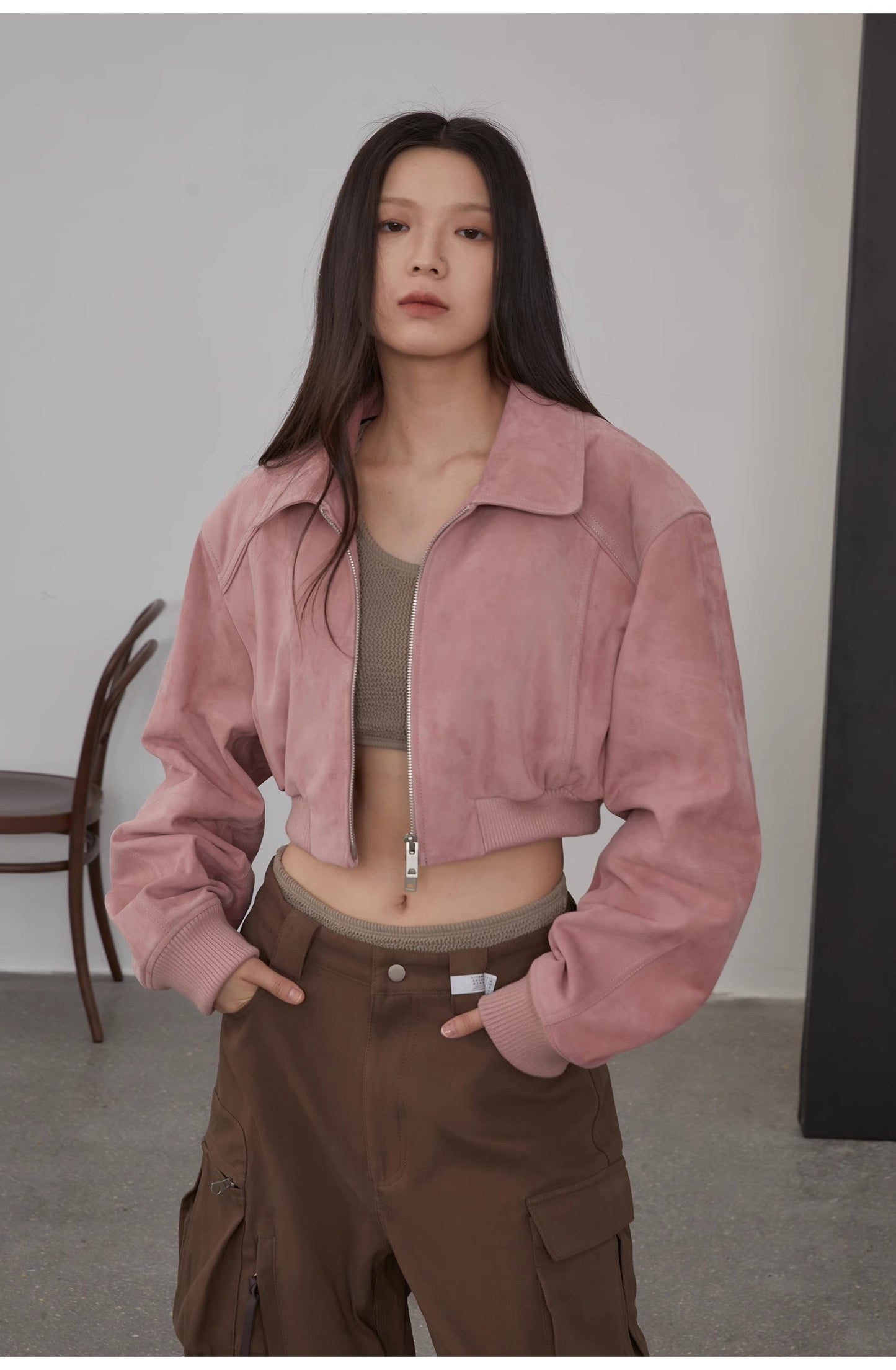 "Witch Game" Retro  Classic Stand Up Sheep Leather Short Jacket