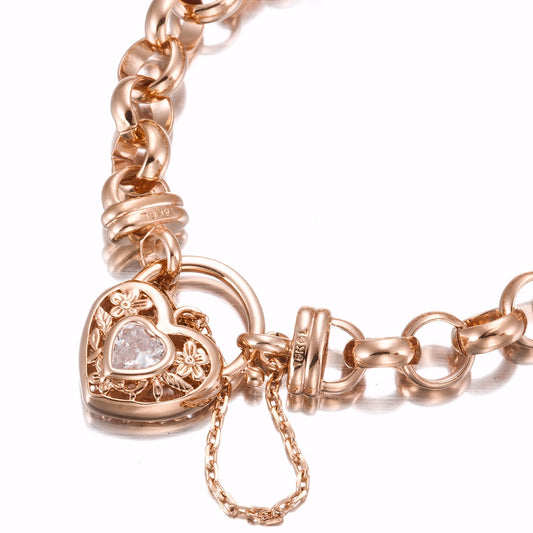 18ct Heavy Rose Gold Plated 10mm Belcher Chain Bracelet with a Filigree Locket Featuring a Simulated Diamond - USA Made