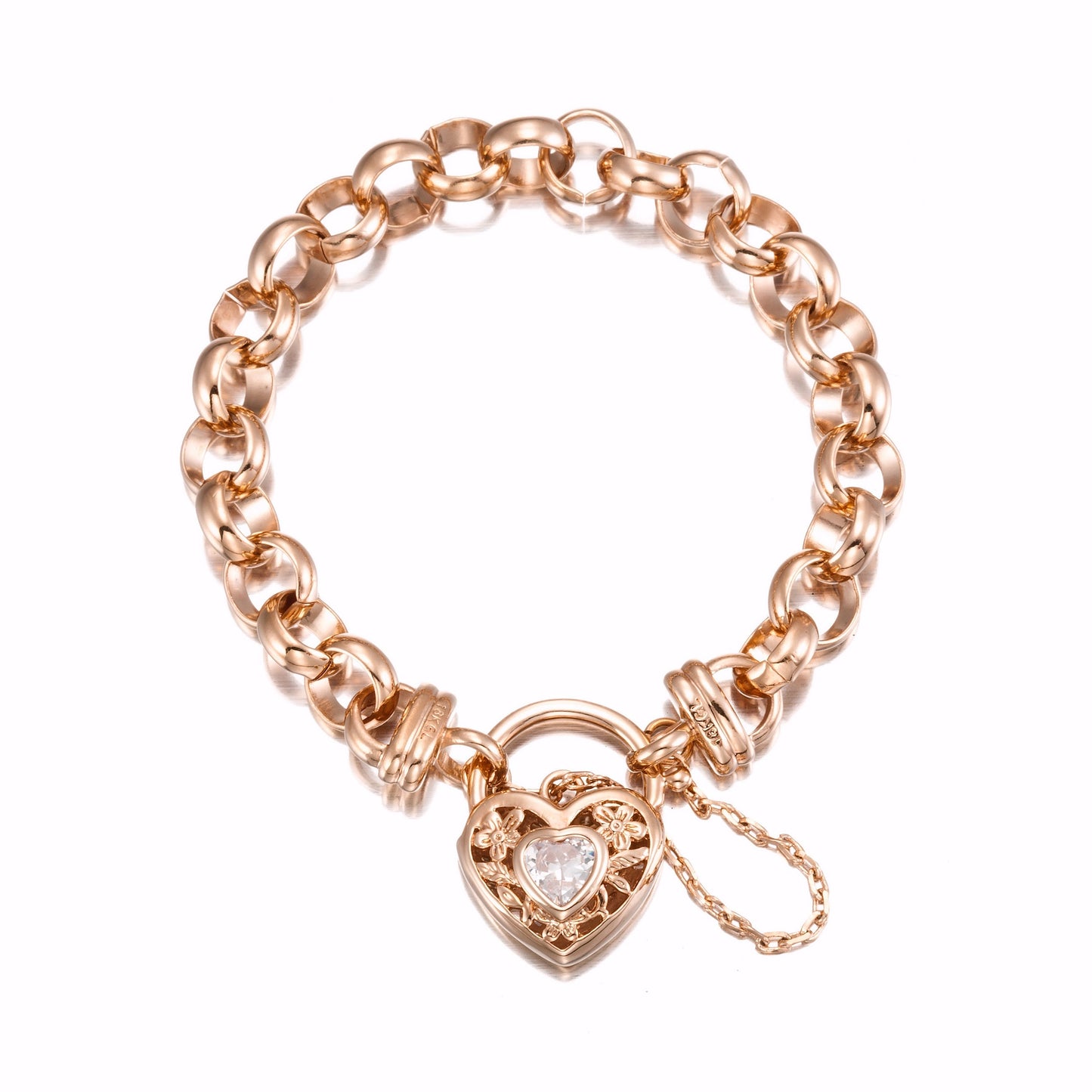 18ct Heavy Rose Gold Plated 10mm Belcher Chain Bracelet with a Filigree Locket Featuring a Simulated Diamond - USA Made