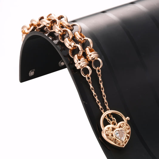 18ct Heavy Rose Gold Plated 10mm Belcher Chain Bracelet with a Filigree Locket Featuring a Simulated Diamond - USA Made