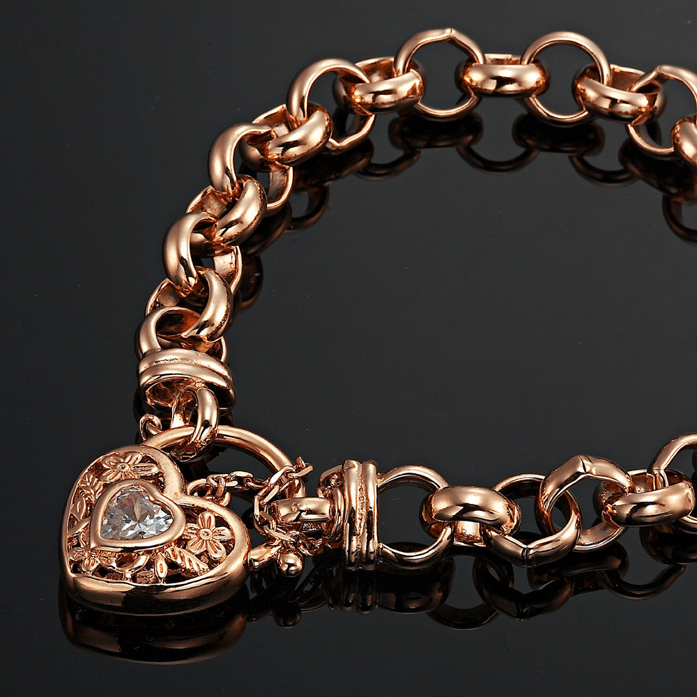 18ct Heavy Rose Gold Plated 10mm Belcher Chain Bracelet with a Filigree Locket Featuring a Simulated Diamond - USA Made