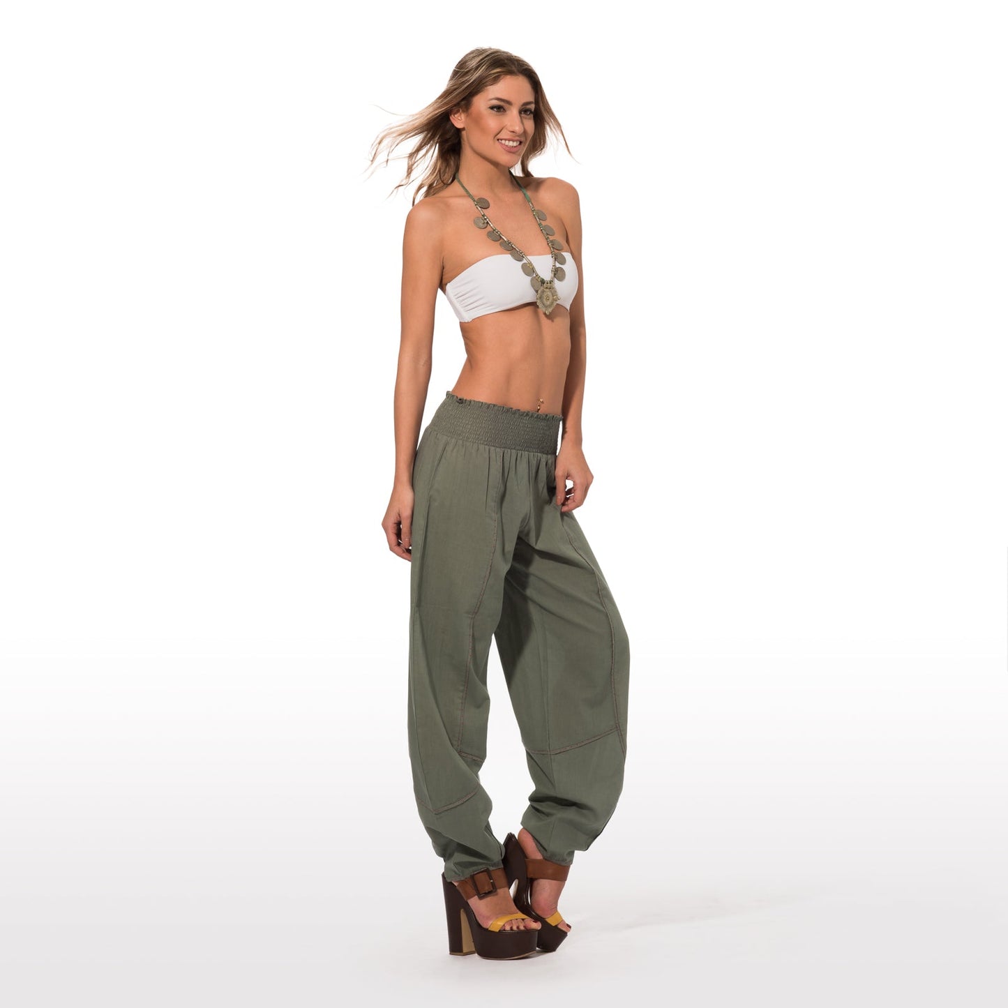 Elegante Pantalone Estivo In Puro Cotone In Tinta Unita Verde Scuro Con Pois Rossi