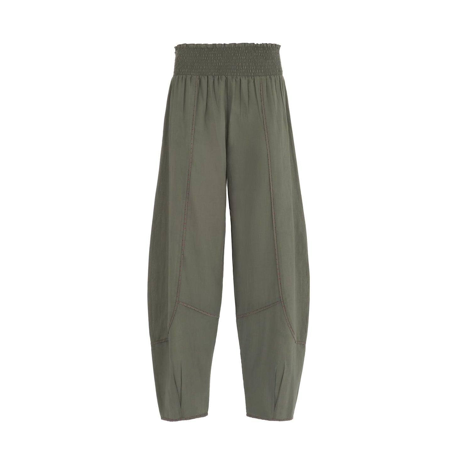 Elegante Pantalone Estivo In Puro Cotone In Tinta Unita Verde Scuro Con Pois Rossi