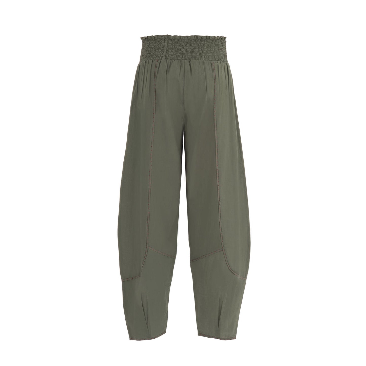 Elegante Pantalone Estivo In Puro Cotone In Tinta Unita Verde Scuro Con Pois Rossi