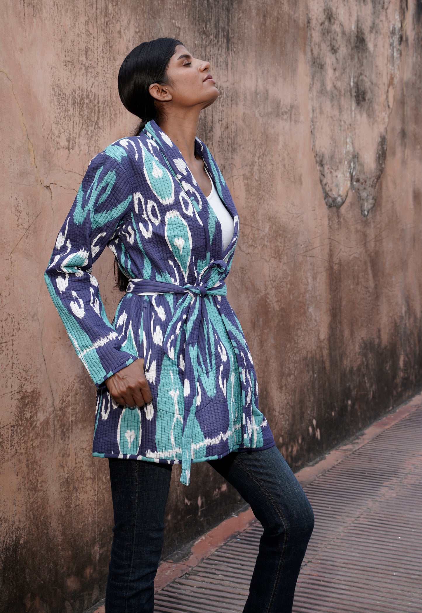 Giacca kimono di cotone da donna trapuntata colore blu e verde