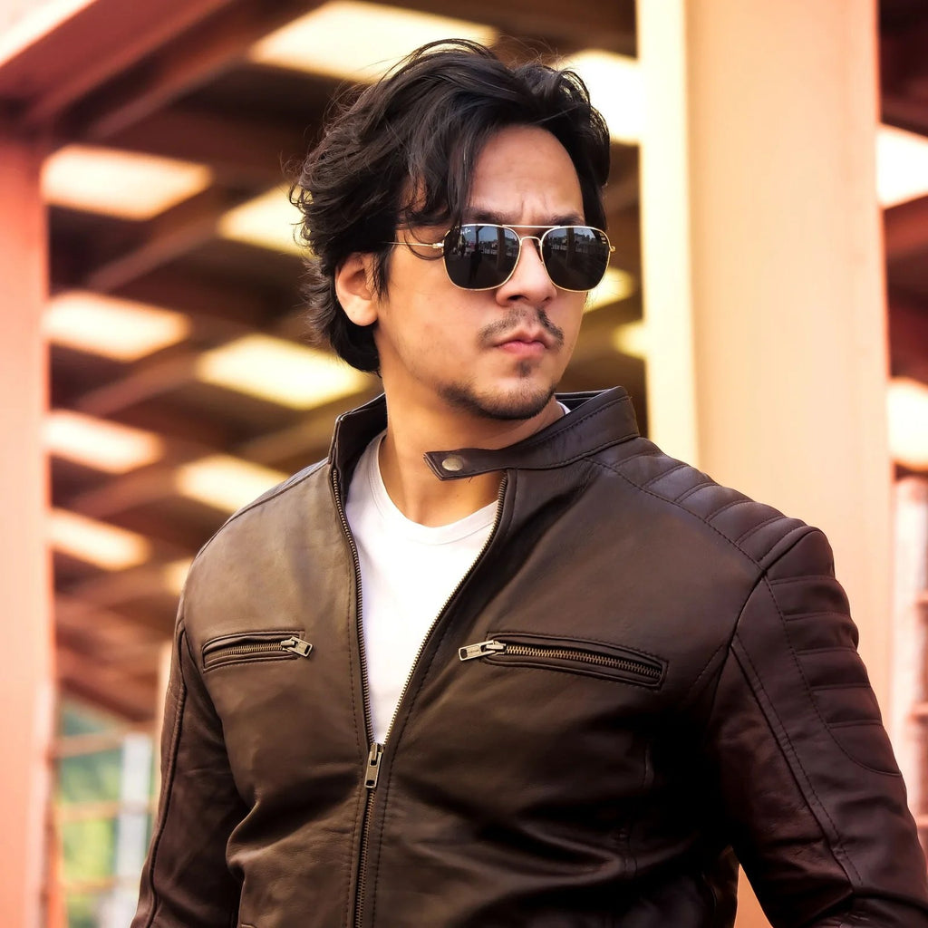 Mens Brown Lambskin Biker Style Leather Jacket