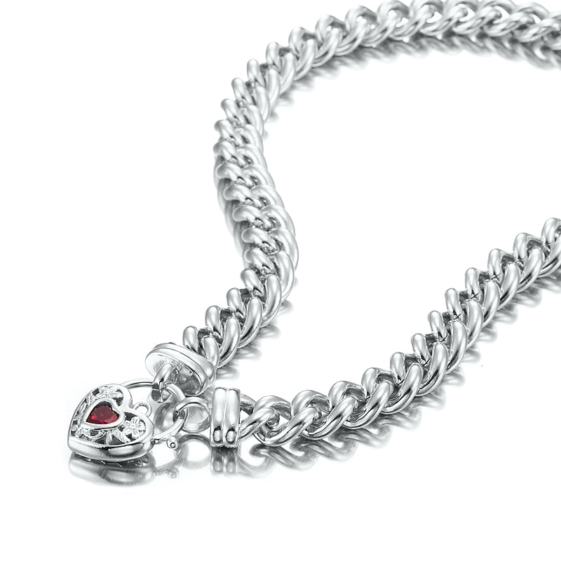 925 Sterling Silver Plated 12mm Euro Chain Necklace with a Filigree Locket Featuring a Simulated Ruby - USA Made
