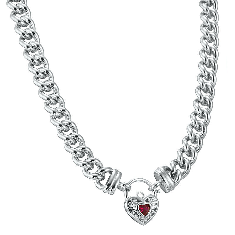 925 Sterling Silver Plated 12mm Euro Chain Necklace with a Filigree Locket Featuring a Simulated Ruby - USA Made