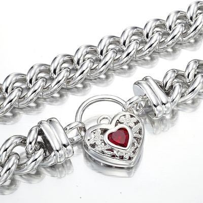 925 Sterling Silver Plated 12mm Euro Chain Necklace with a Filigree Locket Featuring a Simulated Ruby - USA Made