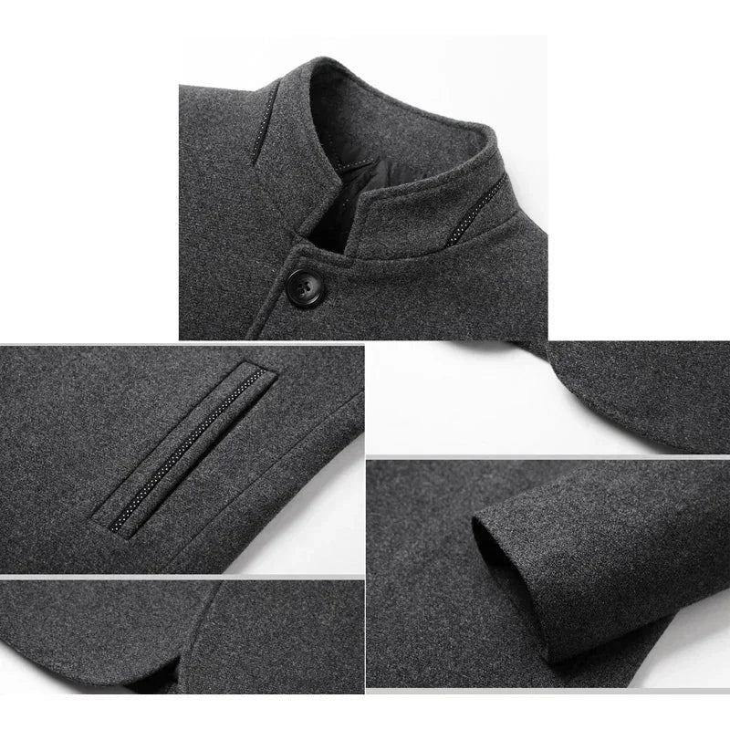 NNEOBA Mens Winter Wool Coat Stand Collar Business Jacket (Gray)
