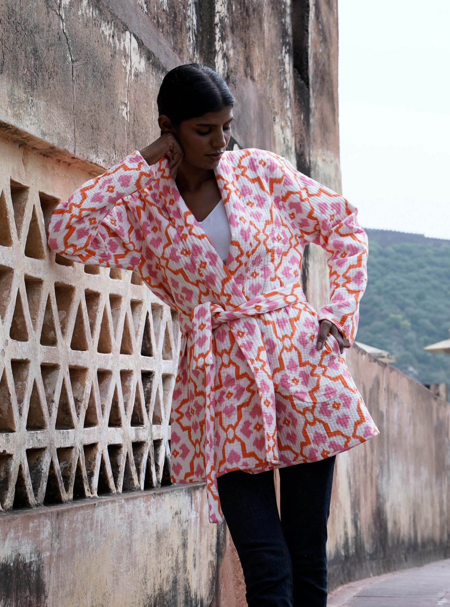 Giacca kimono di cotone da donna trapuntata con disegno geometrico