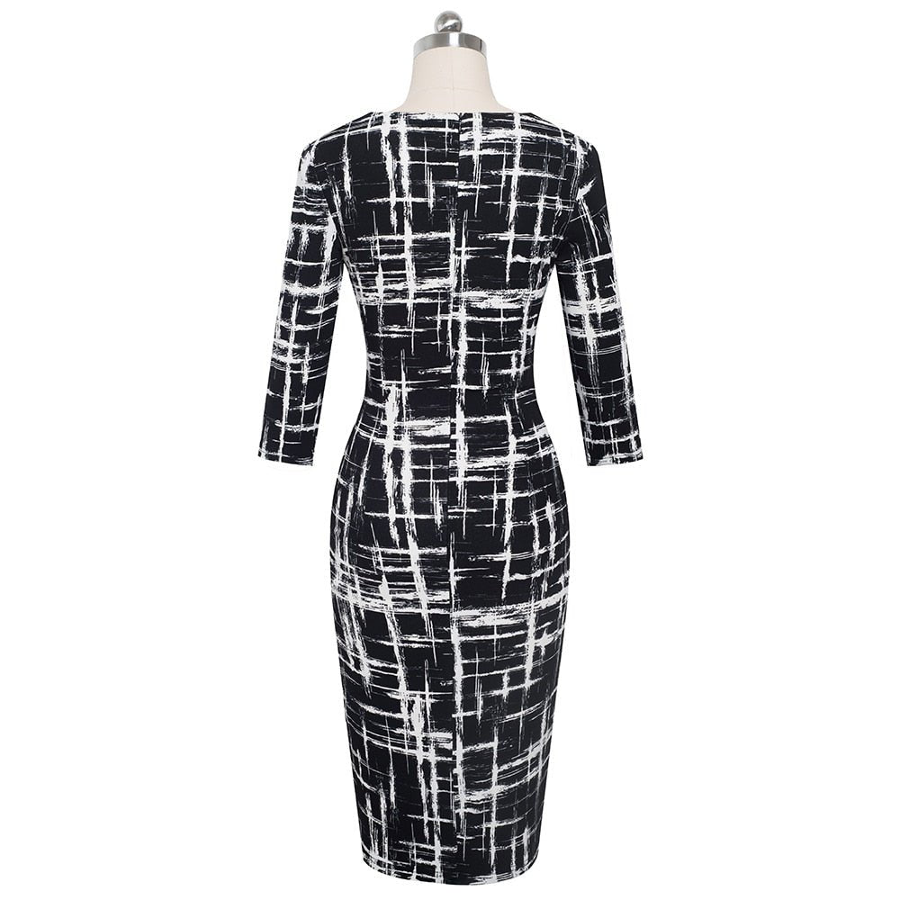 Autumn Elegant Printed Patchwork Dresses Business Bodycon Fitted Women Office Dress