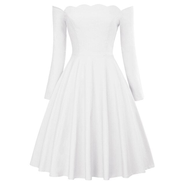 Belle Poque Women Dresses Retro Sexy Long Sleeve Off Shoulder Flared A-Line Dress Swing Knee Length Solid Fall Lady Dresses New