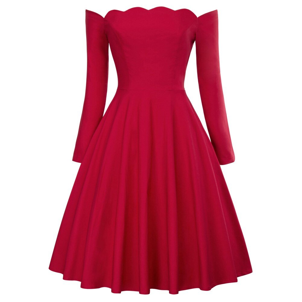 Belle Poque Women Dresses Retro Sexy Long Sleeve Off Shoulder Flared A-Line Dress Swing Knee Length Solid Fall Lady Dresses New