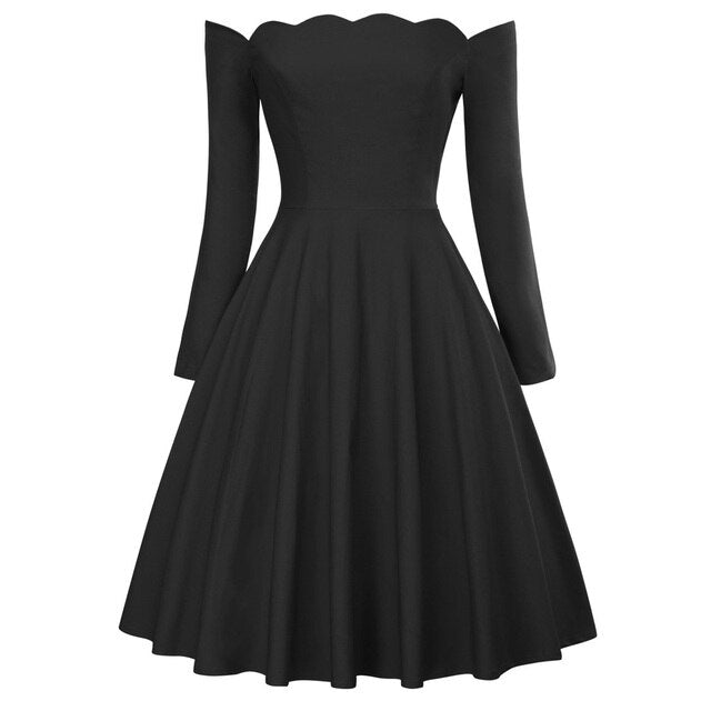 Belle Poque Women Dresses Retro Sexy Long Sleeve Off Shoulder Flared A-Line Dress Swing Knee Length Solid Fall Lady Dresses New