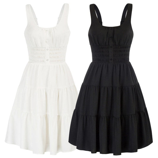 Casual Dresses Women Square Neck Short Dress Sexy Elegant Wide Straps Smocked Tiered Pure Color Pleated Summer Lady A-Line Dress