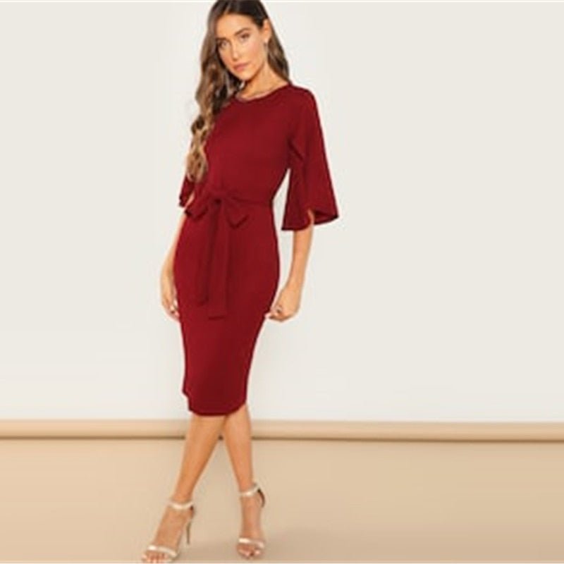 Casual Round Neck Flutter Sleeve Self Belted Pencil Dress Autumn Modern Lady Casual Women Dresses