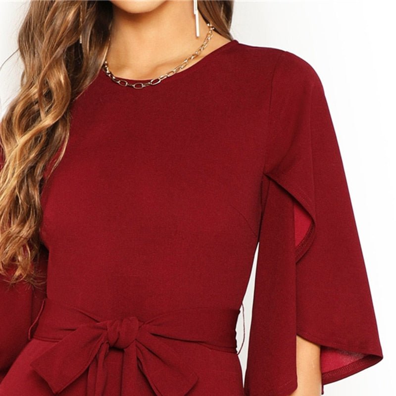 Casual Round Neck Flutter Sleeve Self Belted Pencil Dress Autumn Modern Lady Casual Women Dresses