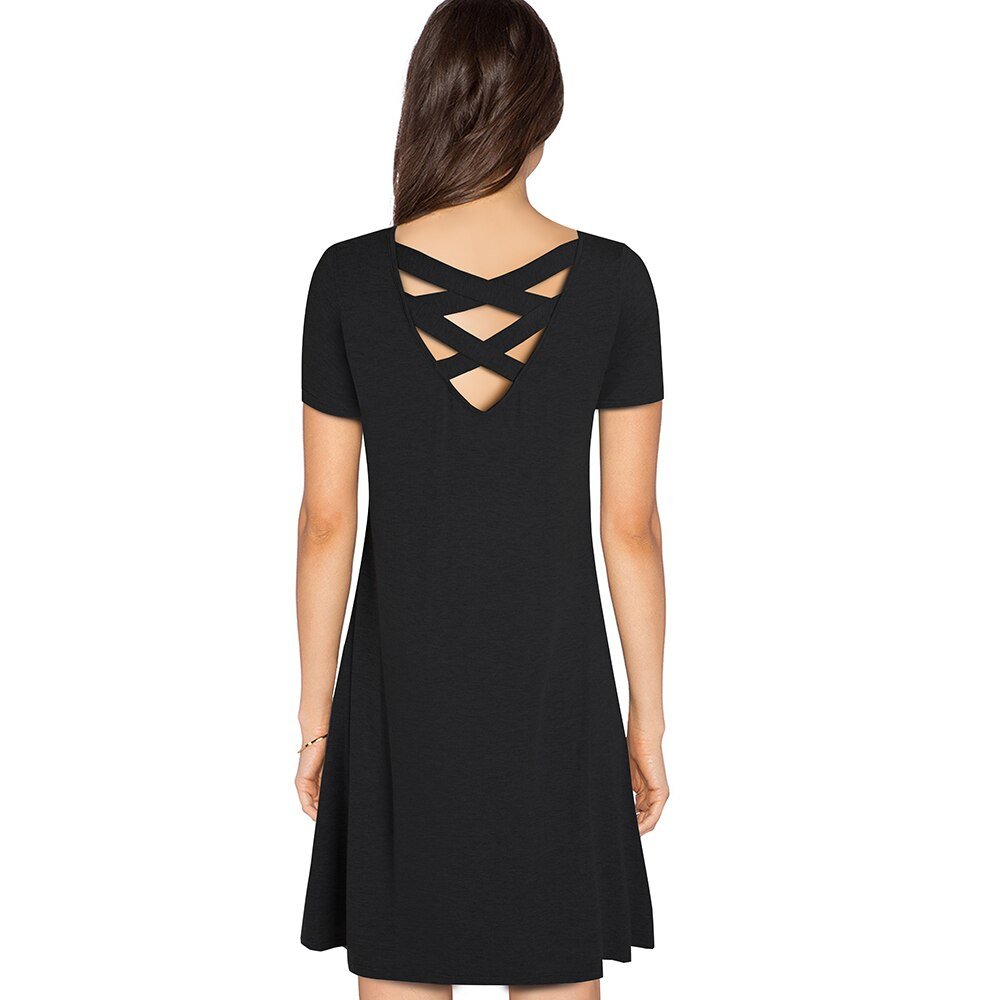 Casual Solid Color with Back Cross Shift Dresses Summer Straight Loose Women Dress