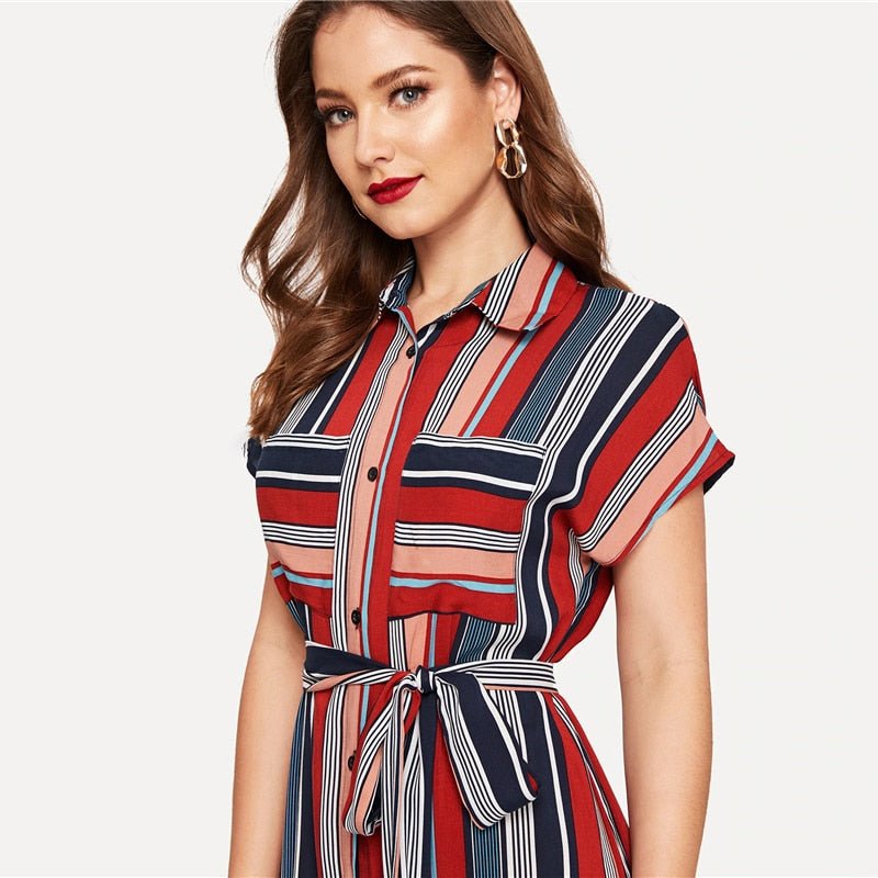 Colorful Striped Belted Hijab Shirt Dress  Women Chic Spring Summer Button Short Sleeve Pocket Autumn Dresses