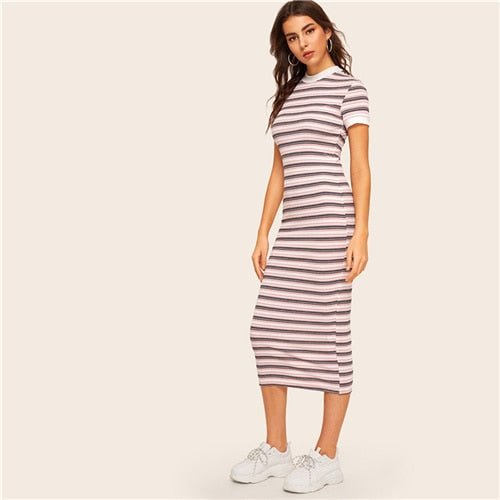 Contrast Neck And Cuff Striped Pencil Dress  Preppy Colorblock Stretchy Spring Autumn Bodycon Women Dresses