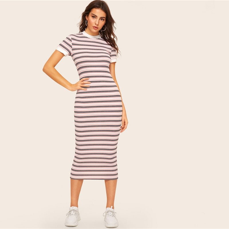 Contrast Neck And Cuff Striped Pencil Dress  Preppy Colorblock Stretchy Spring Autumn Bodycon Women Dresses