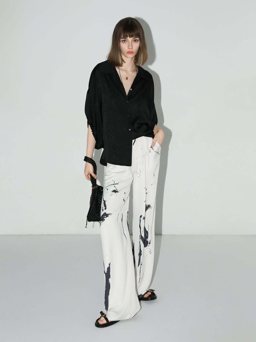 Draped Black Satin Batwing Shirt