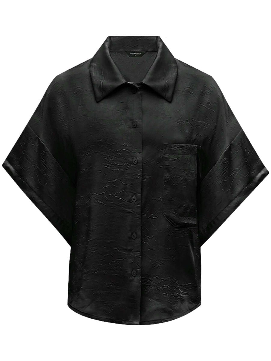 Draped Black Satin Batwing Shirt
