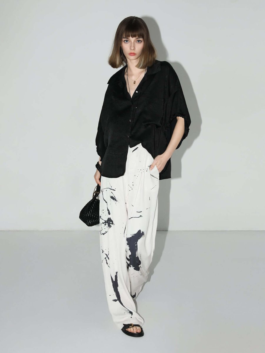 Draped Black Satin Batwing Shirt