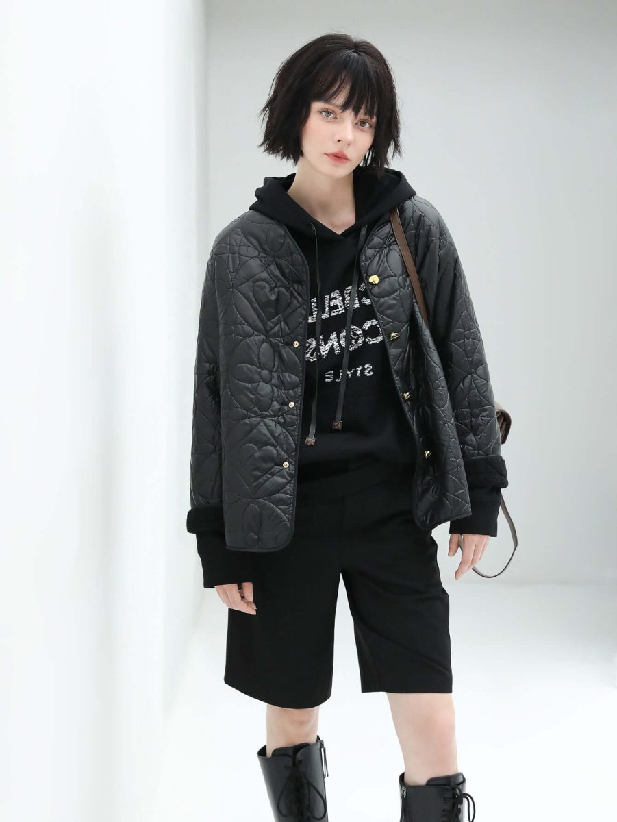 Heavy-Duty Geometric Black Quilted Puffer Jacket