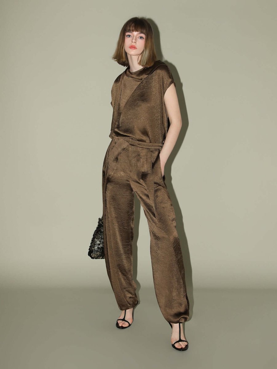 Luxurious Brown Satin High Waist Pleated Pants