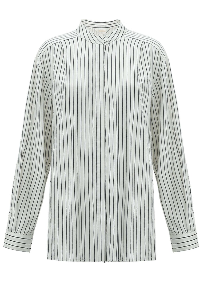 Pin Tuck Stripe Collared Long Sleeve Shirt