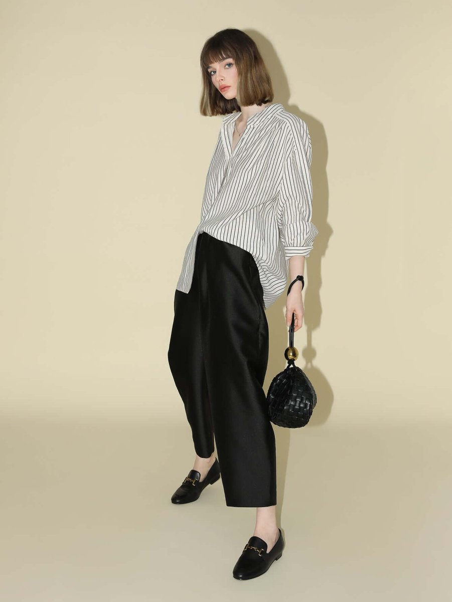 Pin Tuck Stripe Collared Long Sleeve Shirt