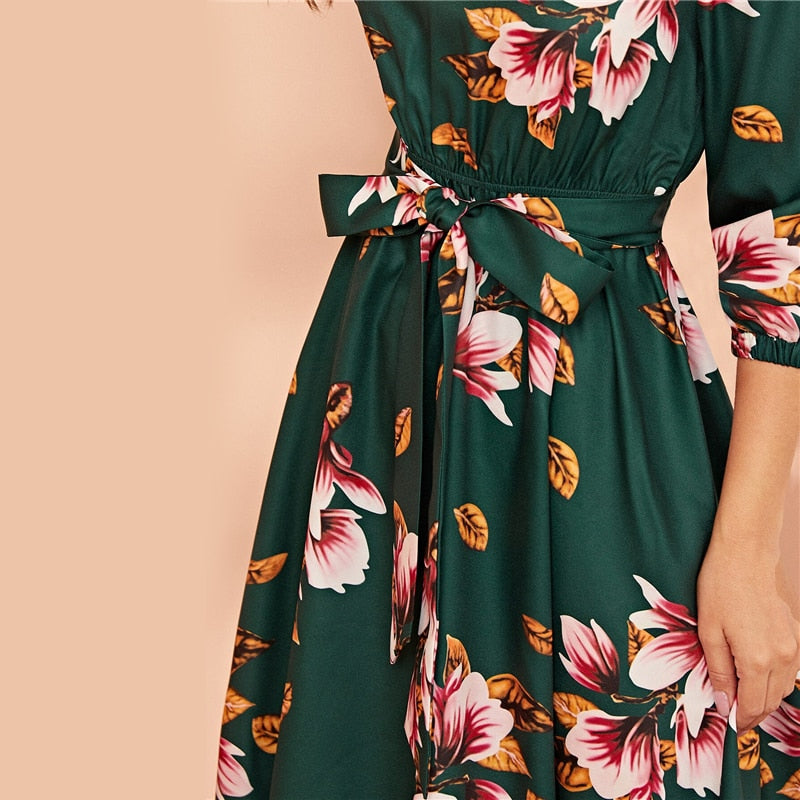 Green Abaya Elastic Waist Belted Floral High Waist Dress Women Spring Autumn Bishop Sleeve Flared Elegant Long Dresses