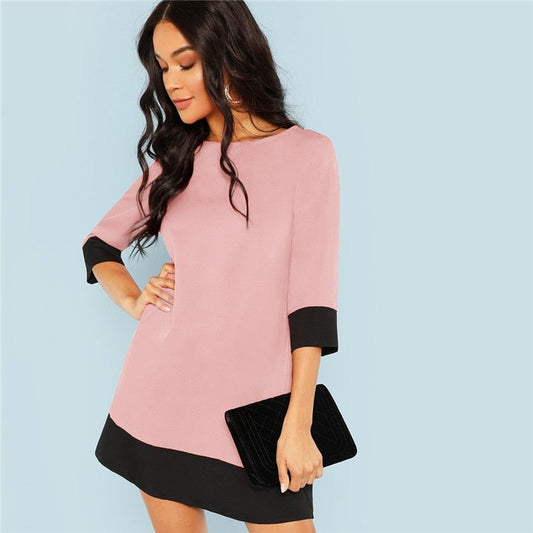 Pink Office Lady Colorblock Contrast Trim Tunic O-Neck 3/4 Sleeve Straight Dress Autumn Workwear Elegant Women Dresses